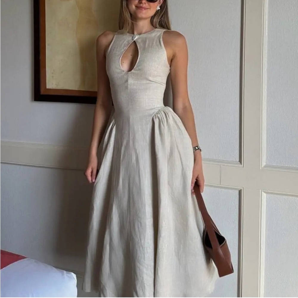 Elegant Beige Sleeveless Midi Linen Dress Medium